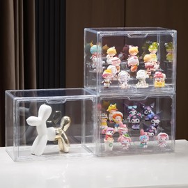 4 Tiers Clear Display Case, Plastic Storage Bins with 2 Pack Acrylic Display Risers and Magnetic Door,Stackable Display Box for Figures Showcase (M-1 Pack-4 Tier)