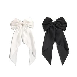 ZHOUMEIWENSP 2Pcs Large Bow Hair Barrettes Clips Black Burgundy Satin Layered Bow Big Hair Clip Long Ribbon French Style Hair Accessories for Women Girls (Black and White)