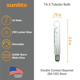 Sunlite 41662-SU Incandescent T6.5 Tubular Light Bulb, BA15D Double Contact Bayonet Base, 40 Watts, 290 Lumens, Dimmable, Mercury Free, 2600K Warm White, Clear Glass, 6 Count