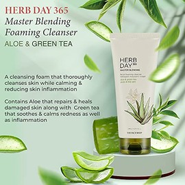 The Face Shop Herb Day 365 - Limpiador Facial Coreano  Gel Espumoso Calmante y Refrescante con Aloe Vera y T Verde  Limpieza Suave e Hidratante para  