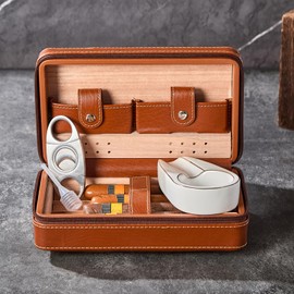 Cigar Case,Travel Humidor,4 Pack Brown Cedar Wood Leather Case with Cigar Cutter,Humidifier,Ashtray and Towel for Men Home and Travel,Desktop Large Electric Cabinet,Holder Box Accessories as Gift