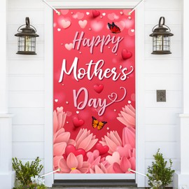 Happy Mother's Day Door Cover Pink Heart Flowers Mom Gifts for Indoor Decoration Photography Background Banner Yard Porch Sign for Spring Outside Front Door Banner Farmhouse Party Supplies 6 x 3 Feet