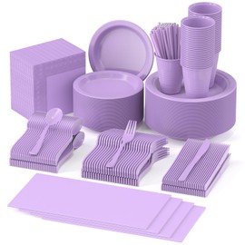JHDZDHY 404 Pieces Disposable Plastic Dinnerware Set, Plastic Cutlery Set Includes 50 Of Each Dinner Plates|Dessert Plates|Cups|Napkins|Straws|Spoons, Forks & Knives (Lavender, 404PCS（50 Guests）)