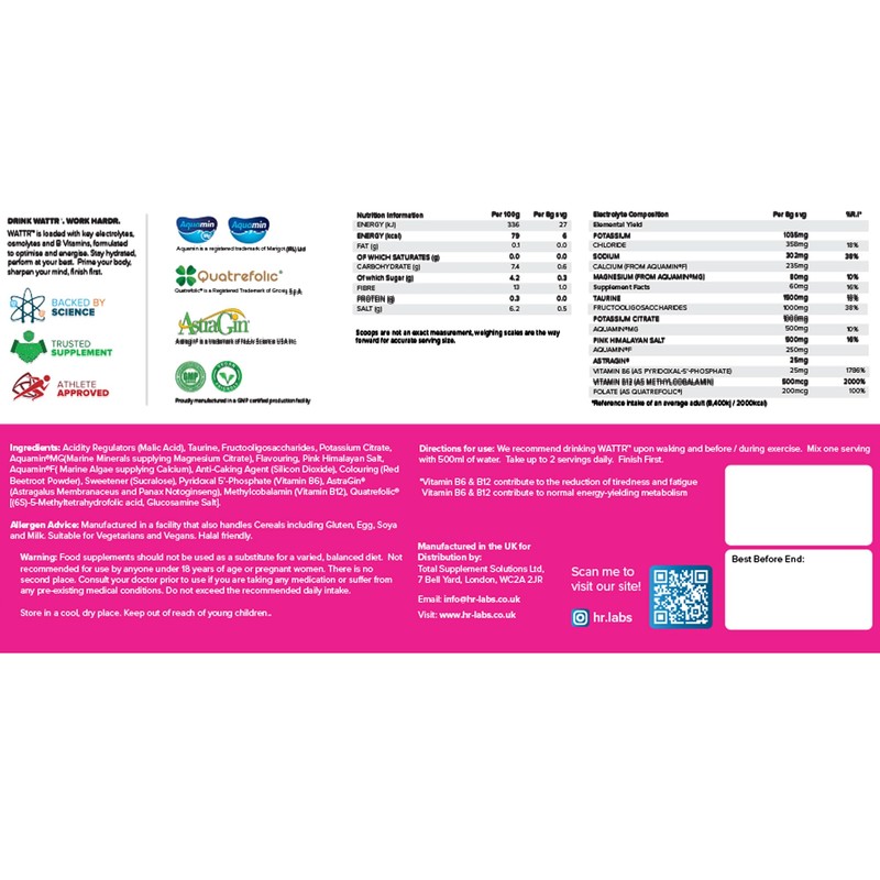 HR Labs WATTR™ Electrolyte Loaded Hydration Powder with Energising B