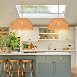 WalmHomie 1 Light Rattan Pendant Light Boho Coastal Chandelier Wicker Light Fixture Large Floral Ceiling Light Hanging for Kitchen Island Living Room Shop Restaurants, 19.68''Wx11.02''H