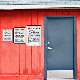 Portrait Round Plus Gentlemen Please Stand Closer It Is Not As Long As You Think! Wall or Door Sign | Easy Installation | Funny Restroom Signage - Medium