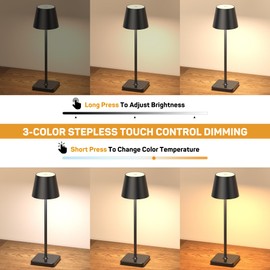 2 Pack Cordless Table Lamp Rechargeable, Cordless Lamp with 5000mAh Battery Operated, 3 Color Stepless Dimming, Touch Control, Portable Table Light Outdoor for Restaurant Bedroom Night Light (Black)