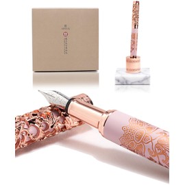 ARTEX Luxury Fountain Pen Set With Stand - Museum Art Collections - Crafting Timeless Beauty - the Best Gift & Office Desk Decor, German SCHMIDT Fine Nib, Solid Metal & Marble Texture