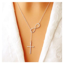 Inilbran Silver Infinity Lariat Necklace Cross Pendant Necklace Lucky Number 8 Y Necklace Jesus Cross Necklace Choker Silver Cross Necklace Chain Religious Jewellery for Women and Women