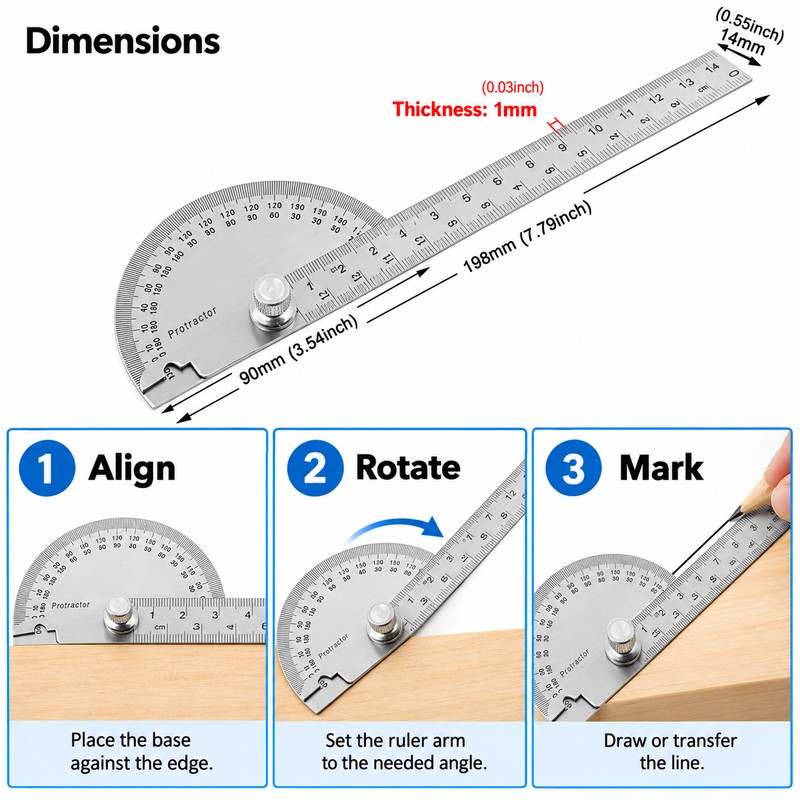 180° Angle Finder for Woodworking – 14cm Adjustable Protractor Ruler