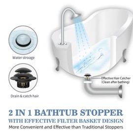 2 in 1 Tub Stopper Bathtub Drain Hair Catcher with Dual Filtration Design, Anti-Clogging Bathtub Drain Plug Bath Tub Stoppers for 1.45-1.8" Drain Shoe, Black