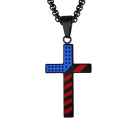Raymard Mens American Flag Cross Stainless Steel Pendant Necklace, Religious Patriotic Crucifix Jewelry, with 24" Rolo Chain - Black