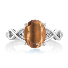 Gem Stone King 1.56 Ct Oval Brown Tiger Eye White Diamond 925 Sterling Silver Ring (Size 9)