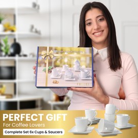FUOCCI Espresso Cups With Saucer 3oz/90ml, Turkish Coffee Cup Set, White Espresso Cups Set of 6 Italian Style, Demitasse Espresso Cup Set, Modern Espresso Coffee Cups, Tasas de Cafe Expreso Modernas