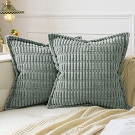 MIULEE Greyish Green Corduroy Decorative Throw Pillow Covers Pack of 2 Soft Striped Pillows Pillowcases with Broad Edge Winter Modern Boho Home Decor for Couch Sofa Bed 18x18 Inch