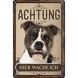 30 x 20 cm Weatherproof Dog Tin Sign, Warning Gate Sign, Warning - Hier Wache ich! (Old English Bulldog)