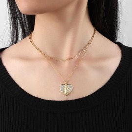 Virgin Mary Necklace for Women 2Pcs 18k Gold Plated Gold Virgin Mary Pendant Cubic Zirconia Mother Mary Necklace Guadalupe Necklace Paperclip Necklace Catholic Jewelry for Women