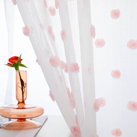 MYSKY HOME Short Pink Pom Pom Sheer Curtains - 54 Inch Long, 52" x 54", Rod Pocket, 2 Panels, Small Window, Kitchen, Bathroom, Nursery, Boys, Kids Room