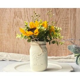 Sunflower Centerpiece Table Decorations - Ivory Mason Jar with Sunflowers – 8” Off-White Rustic Centerpiece for a Small Table - 16 oz Jar for Sunflower Home Decor (Ivory Jar w/Greenery/Sunflower)