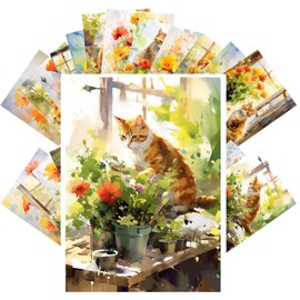 PIXILUV Vintage Postcards (24pcs 4"x6") Sunlit Whiskers Among Blossoms: Feline Elegance and Vibrant Poppies in a Watercolor Wonderland - A Serene Homage to Nature's Quiet Moments
