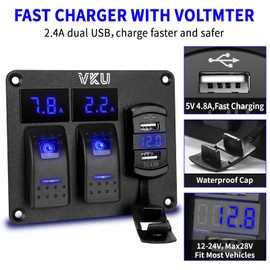 VKU 2 Gang Rocker Switch Panel with Ammeter and Voltmeter 4.8A Dual USB Charger Socket 12V 24V DC Aluminum Switches Panel 5Pin ON Off Switch for RV Cars Marine Boats ATVs Trailers