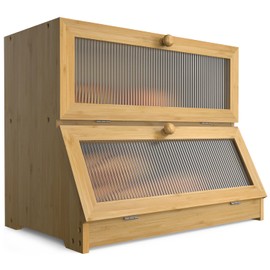 LOHASOK Bread Box for Kitchen Countertop: 2-Tier Bamboo Large Bread Storage Container,Wood Color