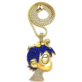 GWOOD Cartoon V Crystal Rhinestone Pendant Necklace Luv(GOLD COLOR LRG WITH BLUE STONES BOX CHAIN)