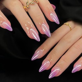 Chrome French False Nails Almond, SXVME Chrome Press On Nails Medium, Glazed Gel Fake Nails Press on, Cute Glitter Acrylic Nails Medium Stiletto, Ombre Purple Stick on Nails for Women Daily Wear
