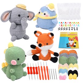 RM Knitting Kit, Beginner Crochet Kit, Cute Animal Crochet Craft Kit, Crochet Hook, Crochet Thread, Needles, Instructions, Crochet Kit for Beginners, Penguin, Dinosaur, Fox, Elephant Style