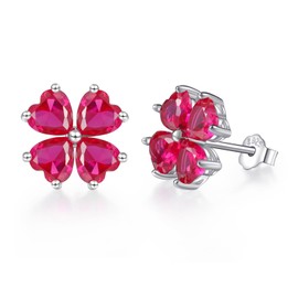 JiangXin Birthstone 925 Sterling Silver Stud Earrings for Women Lucky Four-leaf-clover Pigeon Blood Red Ruby Fine Jewelry Birthday Gift
