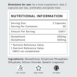 Glutathione Capsules 500mg Dose - Highly Purified and Highly Bioavailable - Extra Strength Glutathione Supplement, Made in The UK - 30 Day Supply - Futuro Labs