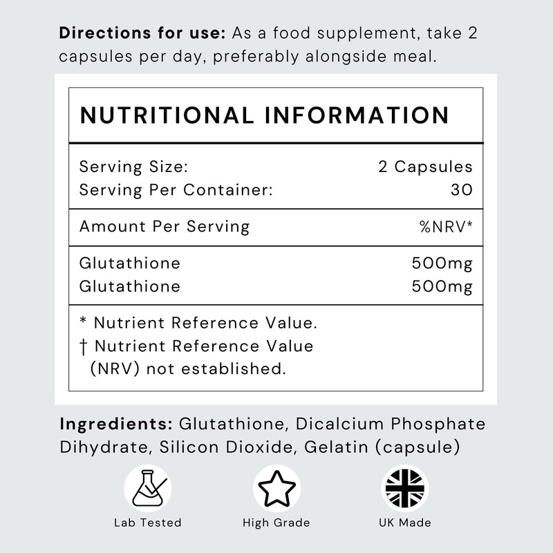 Glutathione Capsules 500mg Dose - Highly Purified and Highly Bioavailable