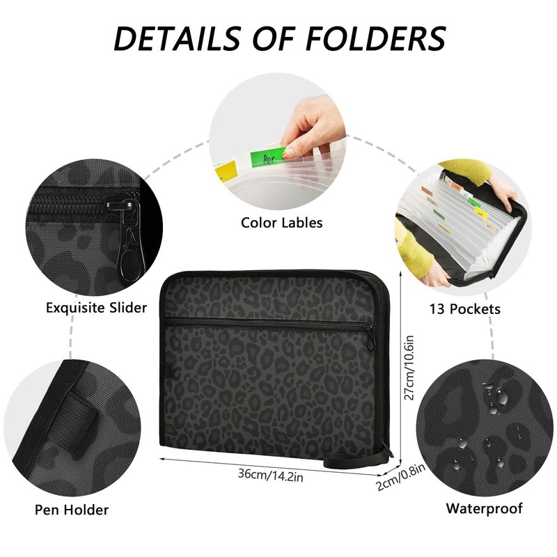 Black Leopard Expanding File Folder with Sticky Labels 13 Pocket
