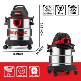 Shop-Vac 5989305 Wet/Dry Vacuum, 5 Gallon, 4.5 Peak HP Stainless Steel Vacuum, 1.25 Inch Diameter x 7 Foot Hose, 6 Ft Cord Length, Ideal for Jobsite, Garage, Car & Workshop