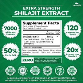 Zazzee 100% Pure Himalayan Shilajit 20:1 Extract, 7000 mg Strength per Capsule, 50% Fulvic Acid, 120 Servings per Bottle, 20X Potency, Rich in Trace Minerals, Non-GMO, Vegan, Made in The USA