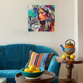 CHAOSETKEN Native American Wall Art Indians Girl and Wolf Picture Colorful Feathered Headdress Picture Prints Native Woman Painting Indian Decor Framed (12.00" x 12.00")