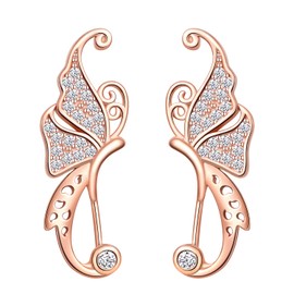 Butterfly Women's Ear Cuff 925 Sterling Silver Cubic Zirconia Stud Earrings Ear Cuff Earrings Rose-Gold