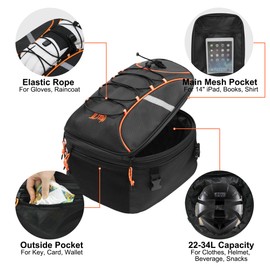 JLDTOP Motorcycle Tail Bag, 22L-34L Expandable Motorcycle Rear Seat Bag with Rain Cover Motorbike Helmet Bag Luggage Storage Backpack(Black)