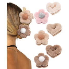 Fluffy Plush Claw Clip for Hair 6 Pcs Cute Hair Clips for Women Fuzzy Hair Barrettes Girls Hair Jaw Clips (Flower + Heart - Beige/Brown/Coffee/Pink)