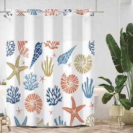 Lexfvpoo No Hook Nautical Coastal Shower Curtain with Snap in Liner Set Ocean Themed Coral Seashell Starfish Beach Shower Curtains Polyester Fabric Waterproof Bathroom Curtains 71Wx74H