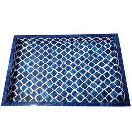 Handmade Bone Inlay Serving Tray – Blue & White Moroccan Damask Breakfast Tray – Rectangular Wooden Platter for Dining, Decor, Cheese Boards & Vanity