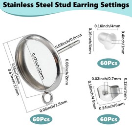 SOFPLATE 1 Box 180Pcs 12mm Cabochon Earring Blanks Earrings Tray Findings Stainless Steel Flat Pad Round Bezel Cup Stud Earring Settings Posts and Back for Jewellery Making Kits Resin Supplies Craft