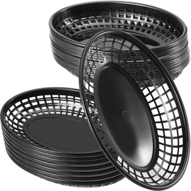 JAPCHET 60 Pack 9.4 x 6.1 Inch Black Fast Food Baskets, Oval Plastic Fast Food Serving Basket, Restaurant Serving Baskets for Burgers, Deli, Sandwiches, Fries, Easy Clean