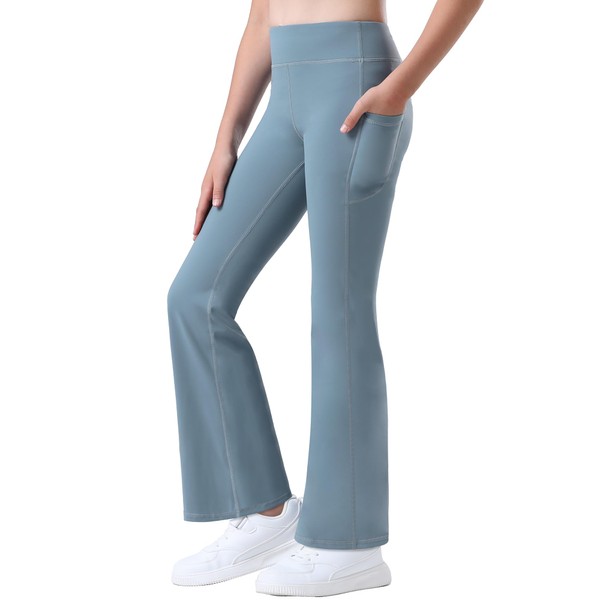 Stelle Girl's Flare Leggings with Pockets High Waisted Bootcut Yoga Pants Kids Dance Bell Bottoms Leggings(Grey Blue,L)