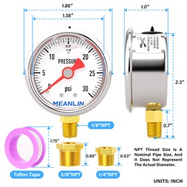 MEANLIN MEASURE 2pcs 0~30Psi Stainless Steel Liquid Filled, 1/8" NPT 1.5" Glycerin Filled Pressure Gauge, Water Oil Air, Lower Mount, with 1/4" NPT and 3/8" NPT Hex Bushing