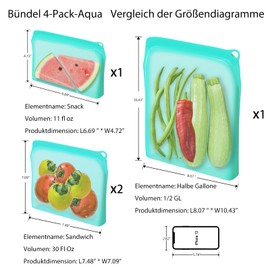 Kelina 4-Packs Reusable Silicone Storage Bag,Food Storage Container Set,Microwave and Dishwasher Safe,Leak-free,Aqua