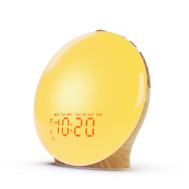 JALL Wake Up Light Sunrise Alarm Clock for Kids, Heavy Sleepers, Bedroom, White Noise Sound Machine with 17 Nihgt Lights, 25 Soothing Sounds, Bluetooth Speaker, Dual Alarms, FM Radio, Wood Grain
