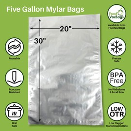 10 - Five Gallon 20" x 30" FoodVacBags Mylar Aluminum Foil Food Storage Bags with 2000cc Oxygen Absorbers, Heat Sealing, Long-Term Storage for Food, Silver