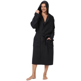 FashGudim Mens Hooded Luxury Waffle Robe Kimono Soft Lightweight Knit Spa Bathrobe(Black,S/M)
