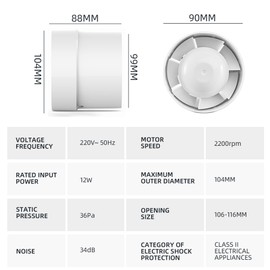 ANBOO Pipe Fan, 100 mm Exhaust Fan, Pipe Fan, Quiet Inline Pipe Fan for Home, Kitchen, Toilet (100)